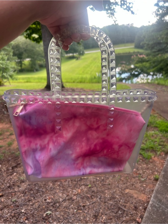 The Unbranded Brand Handbags - Clear Studded Jelly Tote Bag with Pink Tie-Dye Cosmetic Pouch & Gold Chain